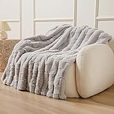 The Southampton Blanket - Faux Rabbit Fur Basketweave Throw Blanket 60"x70" Pebble Grey - Luxuriously Soft Cozy Warm Gift for Women, Plush Silky Fuzzy Heavyweight Reversible Design Home Decor