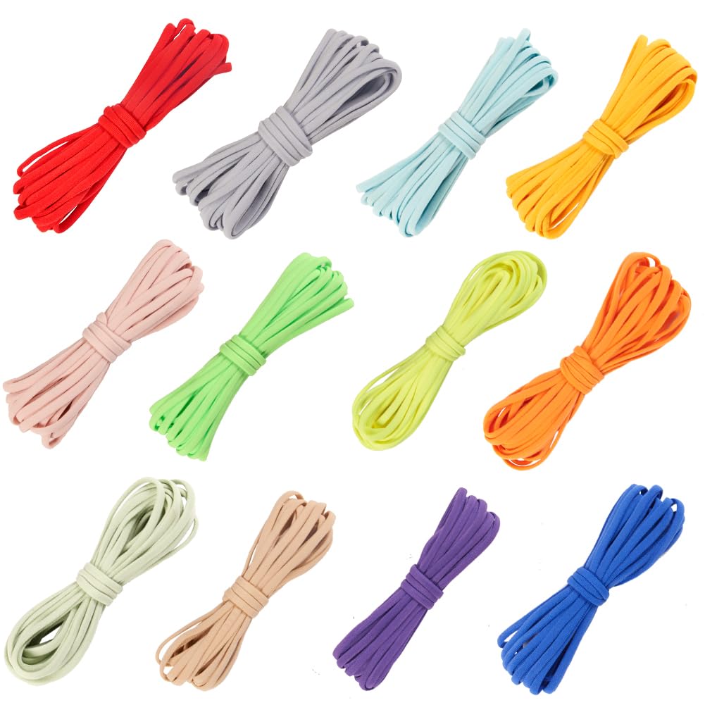 GORGECRAFT 60M 12 Colors Flat Nylon Elastic Cord 5mm Wide Stretchy Strings Rope Chinese Knotting Cord Foldover Braided Fabric Threads for DIY Macrame Crafting Sewing Knitting Crafts