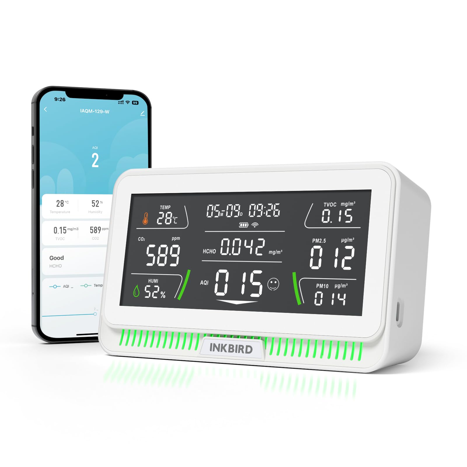 Photo 1 of 10-in-1 Air Quality Monitor with WiFi App Alerts | CO2, PM2.5, HCHO, TVOC Detector | 6.1" HD Display & 2Y Data Storage | Wall/Desk Mount for Home, Office, School (White)
