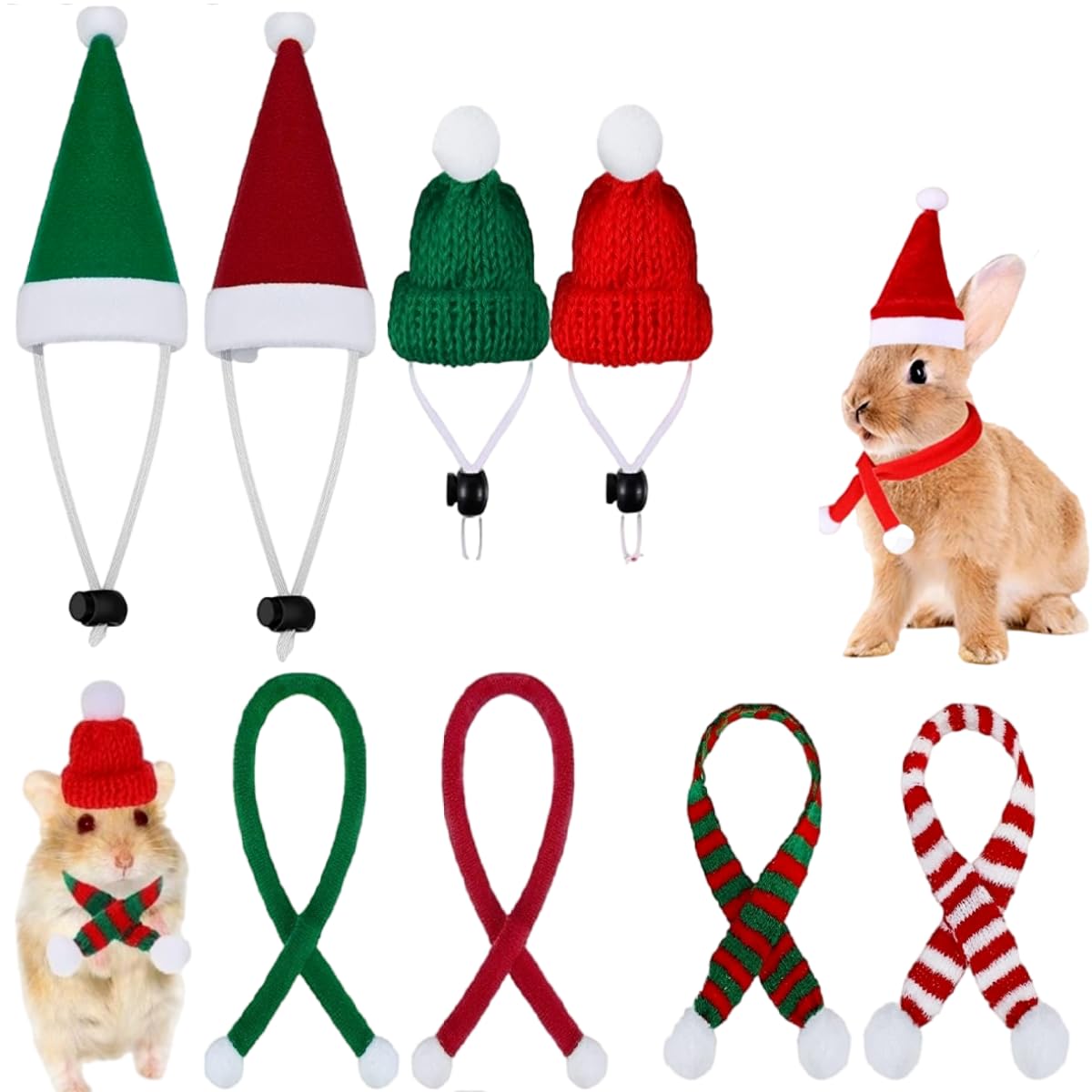 8 Pcs Christmas Small Animal Costume Hat Scarf Set Guinea Pig Santa Hat for Rabbit Hamster Ferrets Chinchilla Hedgehog Small Pet Xmas Clothes Accessories (8pcs Xmas)