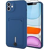 MZELQ TPU Wallet Compatible with iPhone 11 Case, Card Holder Camera Protection Cover + Screen Protector, Push-able Slot for Girls Women -Blue