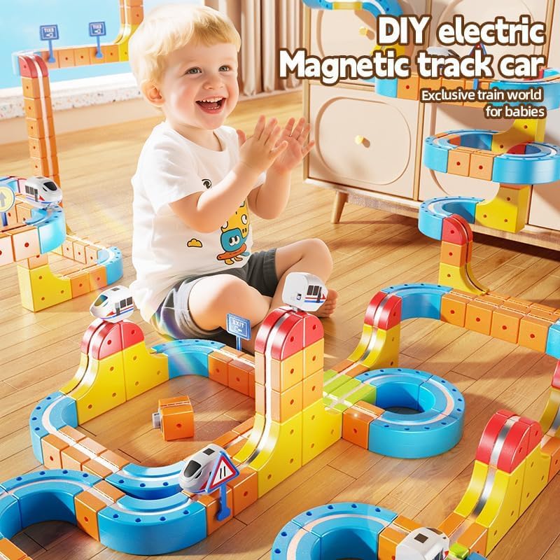 ORCHID M® Magnetic Train Set for Kids, 114 PCS 3D Infinity Flexible Race Track Toys with Infinity Magnetic Cars Electric Set, DIY Cube Track Building Toys,Train Sets for Boys Girls Gifts (1pcs Train)