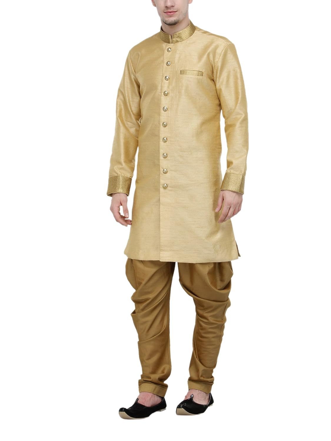 rg designers beige and gold plain sherwani for men