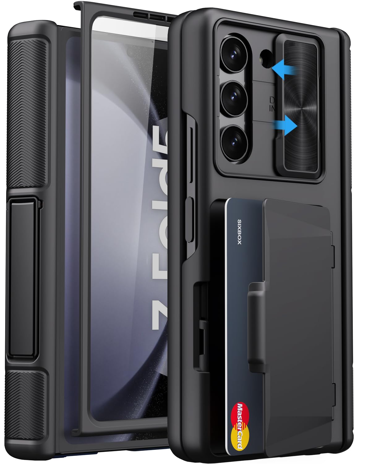 SIXBOX for Samsung Galaxy Z Fold 5 Case with Kickstand & Card Holder & Screen Protector, Built-in Sliding Camera Lens Cover & Hinge Protection, Durable Sturdy Phone Cover Case for Z Fold 5 2023, Black