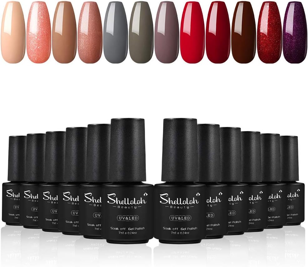 Shelloloh 12 Colors Gel Nail Polish Set Glitter Soak Off Gel Polish Kit Grey Nude Red Nail Polish Manicure Nail Art Kit Long-Lasting 7ml