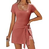 Dokuritu Tennis Dresses for Women Short Sleeve Square Neck Tie Athletic Romper Dresses Built in Shorts Workout Skort Dress