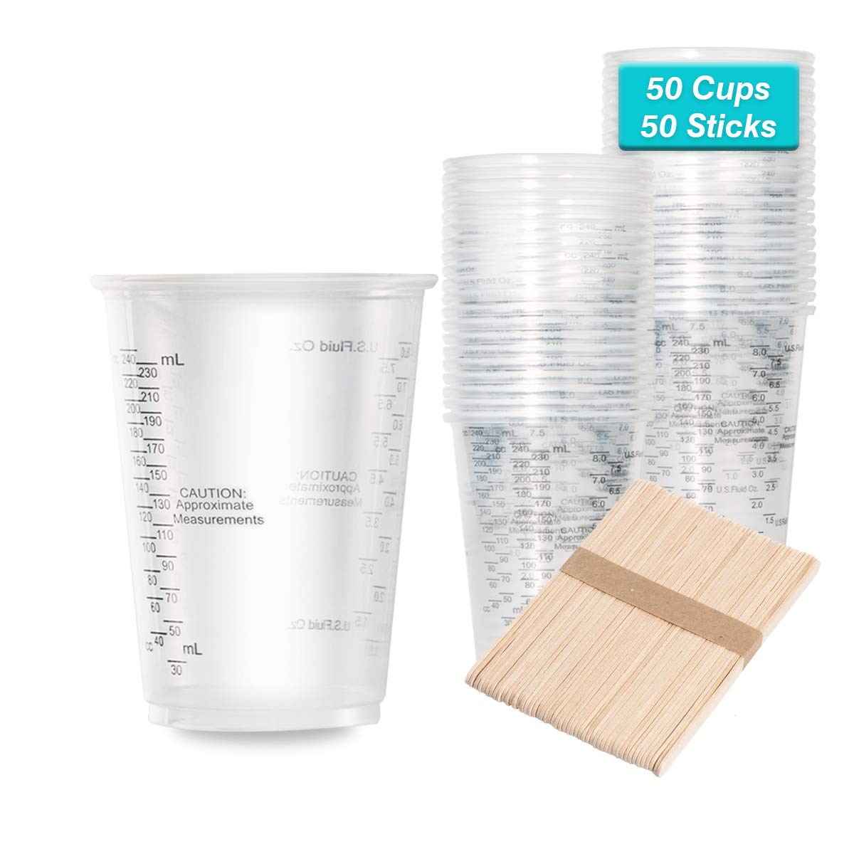50pcs 8oz Graduated Clear Plastic Measuring Cups with Wooden Stirring Sticks for Mixing Paint, Pigments, Epoxy Resins, Resins