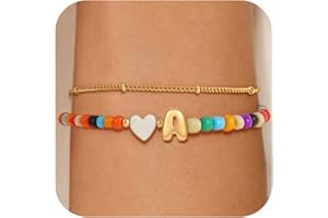 Eaciy Colorful Initial Bracelets for Women Girls - 14K Gold Plated Heart Initial Letter Daint A-Z Charm Bracelet Summer Jewelry Teen Girl Gifts for Teen Kids