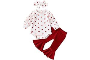 ADXSUN Baby Girl Valentine's Day Outfits Heart Print Romper+Flared Pants+Headband Infant Clothes 0-18 Months