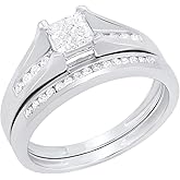 Dazzlingrock Collection 0.50 Ctw 14K Real Solid Gold Round & Princess Cut White Natural Diamond Women Bridal Engagement Ring Set