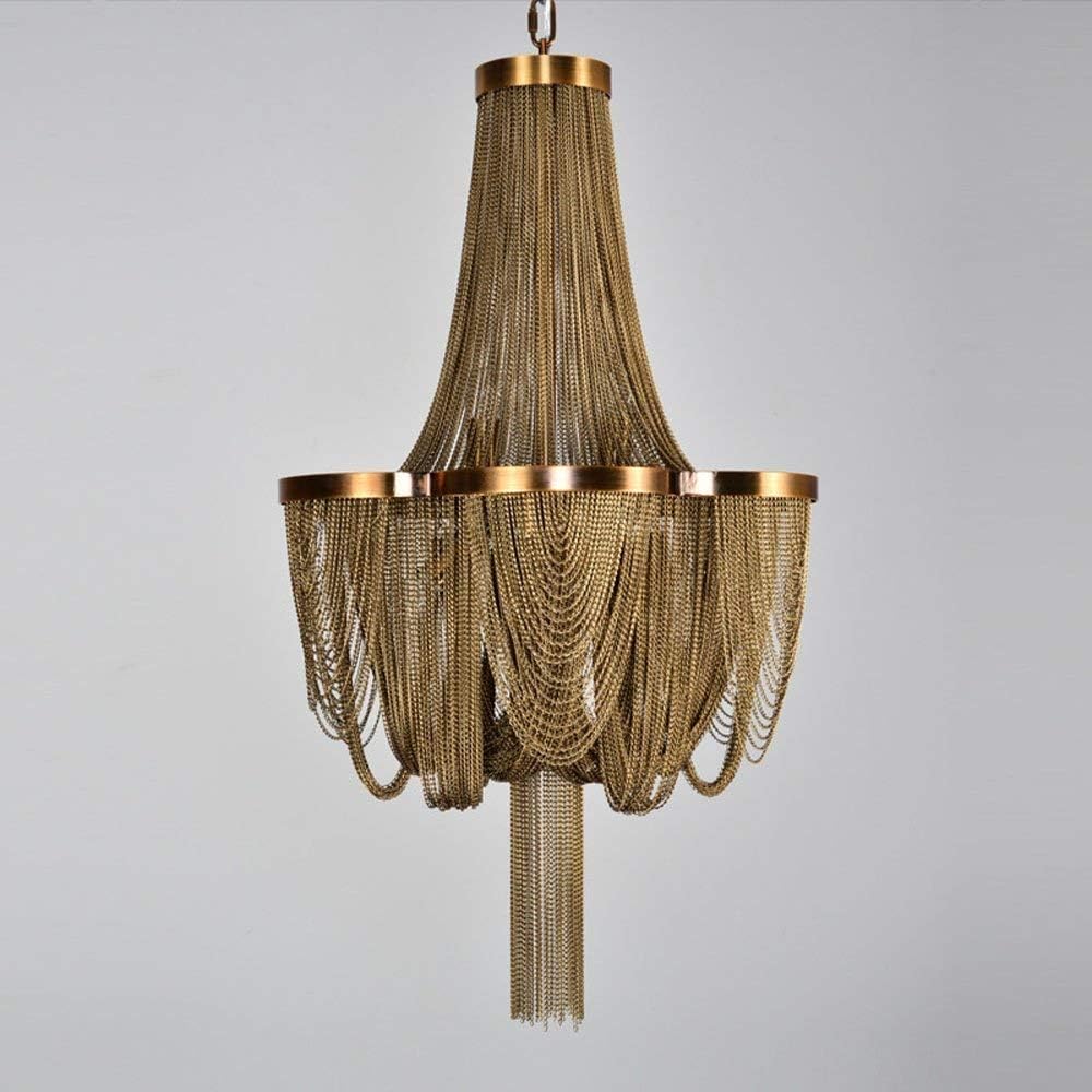 Junhong Lighting Fringe Light with Cold White E14 Bulb Golden Aluminum Chain Ceiling Light Lamp Chandelier Luxury Creative Personality Living Room Bedroom Study Lamps (D100cm x H130cm)