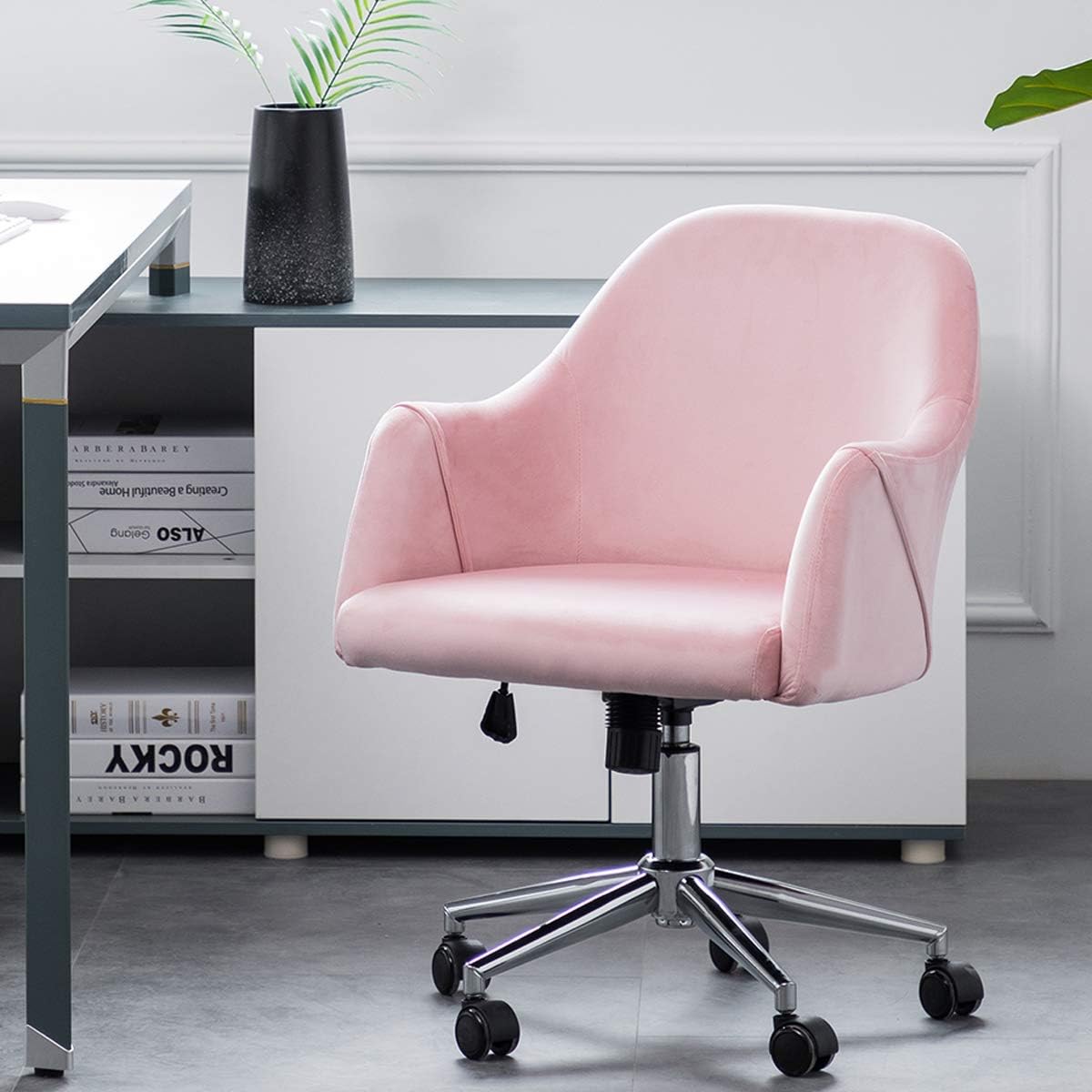 LPEAK Pink Velvet Office Computer Chair, Height Adjustable Mid Back 360