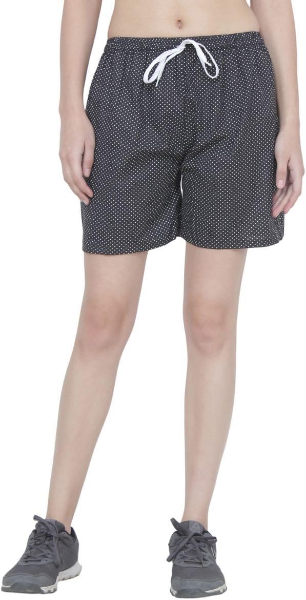 Teemoods Women's Cotton Polka Dot Boxers - Black Printed Shorts with Elastic Waist & Drawstring, Side Pockets, Ideal Nightwear Loungewear for Girls & Women