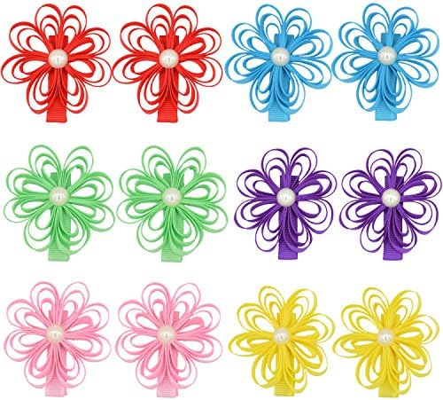 Small Flower Ribbon Ponytail Hair Bows for Baby Girls Toddlers Kids (6 Pairs)