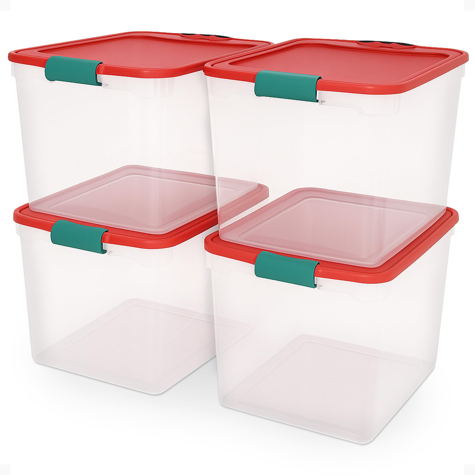 Photo 1 of ***SIMILAR***HOMZ 3-Pack Holiday Tote, Plastic Storage Organizer Bins with Lids, 31 Quart, Clear/Red - Stackable Organizing Containers for Home, Garage, and Office