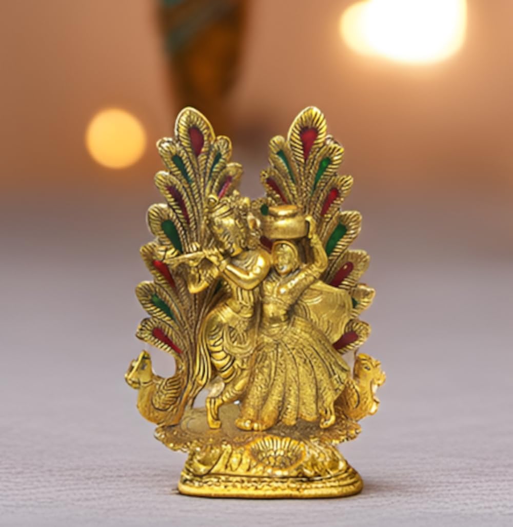 Purpledip Metal Idol Radha Krishna Ras Leela: Glorious Statue with Peacocks & Diya (12197)