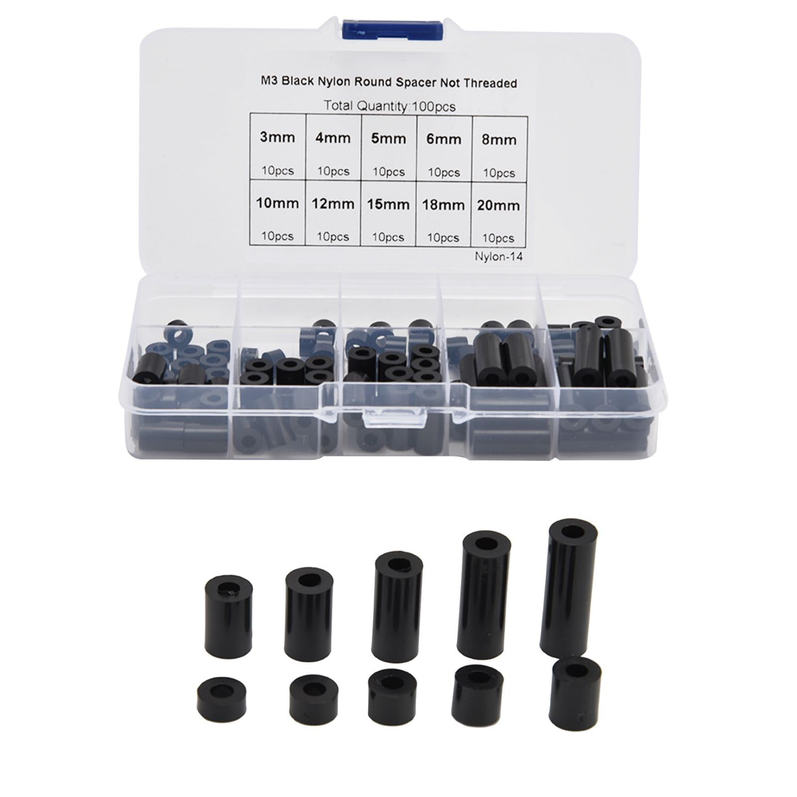 Insulation Spacers, 100Pcs 3-20mm ABS Round Spacer Washer Kit for M3 Screws Not Threaded Assortment Kit Standoff Spacers with a Storage Case(Black)