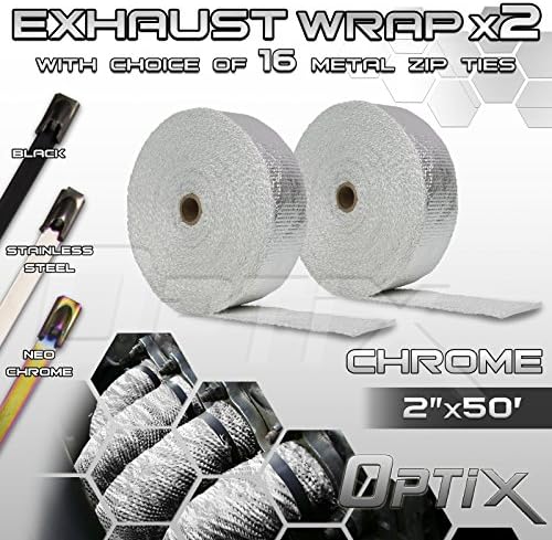 Optix 2" (W) x 50' (L) Thermal Header Exhaust Wrap Kit - Heat Shield Tape with Neo Chrome Zip Ties - 2 Rolls - Chrome