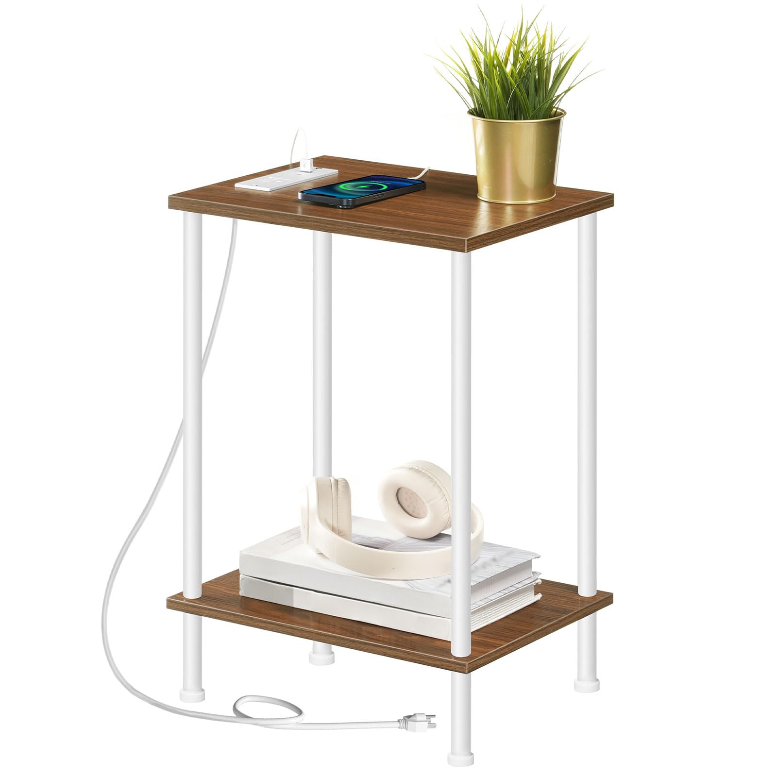 HOOBRO Side Table with Charging Station, End Table with USB Port and Outlets, Nightstand with 2-Layer Storage Shelves for Small Spaces, Living Room, Bedroom, Walnut and White WH09UBZ01 Image