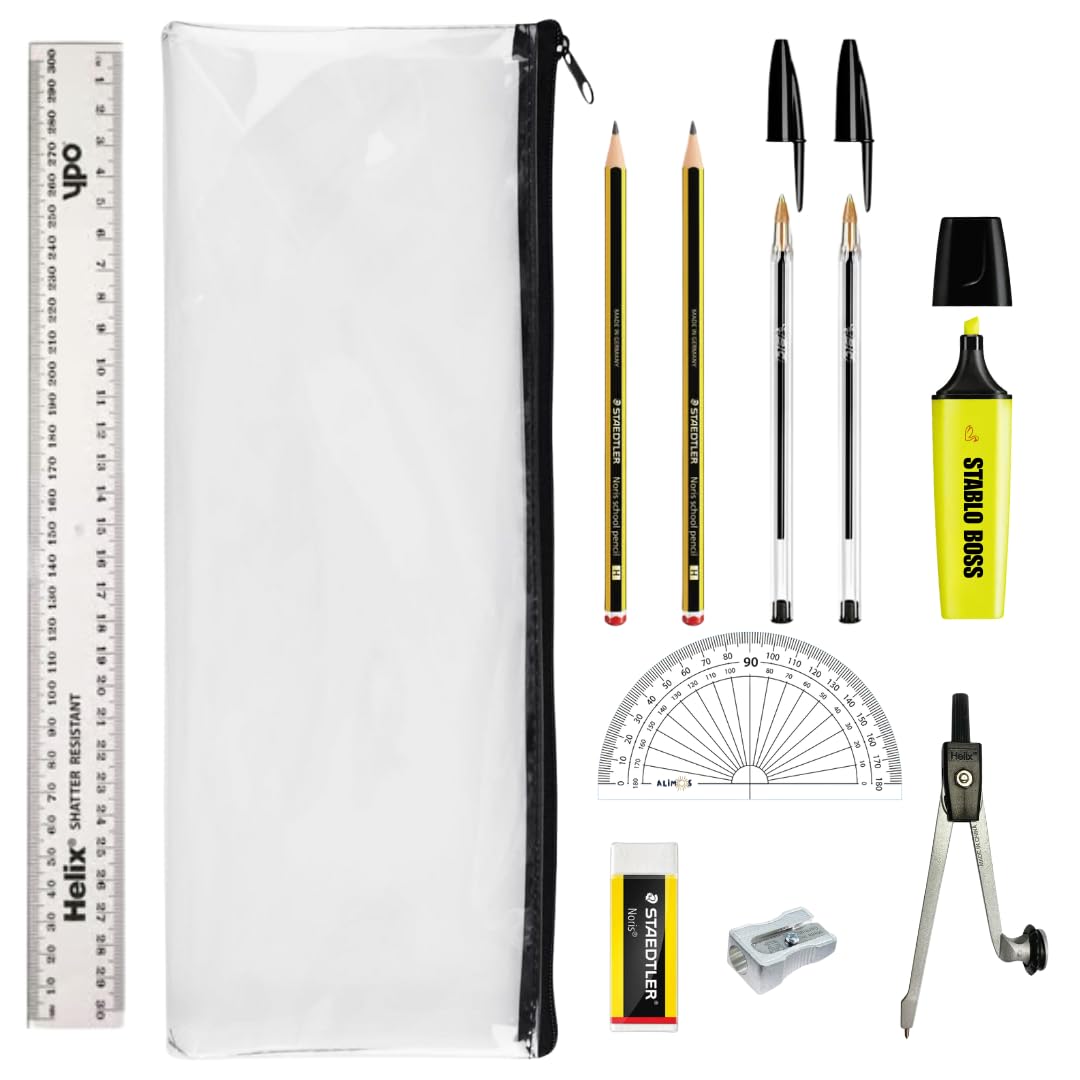 Alimos GCSE Complete Exam Stationery Bundle Set Bundled With Bic Pens, Geometry Set & Clear Exam Pencil Case Back To School Kit