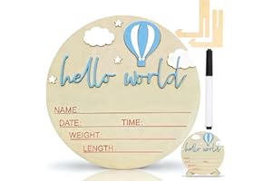 GENERIC Baby Announcement Sign,Personalized Wooden 5.9inch Hello World Newborn Sign,Birth Name Announcement,3D Pattern，Boys And Girls Gift,Hospital Nursery For Baby (Hot Air Balloon Blue)