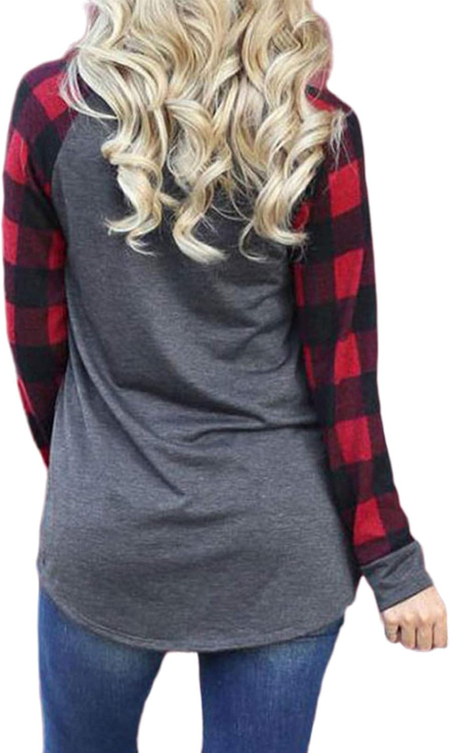 VEKDONE Women Christmas Tee Shirts Plaid Stripe Splicing Long Sleeve Santa Claus Snowflake Xmas Tunic Tops T Shirts: Clothing