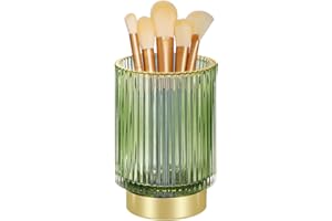 Fvstar Makeup Brush Holder,Gold Toothbrush Holder,Glass Makeup Storage Organizer,Decorative Desk Pen Holder,Vintage Makeup Brush Cup for Home Decor,Vanity,Countertop,Desk (Large Green)