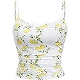 WDIRARA Women's Lemon Print Cami Top Ruched Spaghetti Strap Camisole Vacation Fitted Crop Tops
