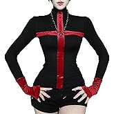 Insgoth Women Goth Vampire Cross T Shirt - Vintage High Neck Tee Stretchy Long Sleeve Top Going Out Clubbing