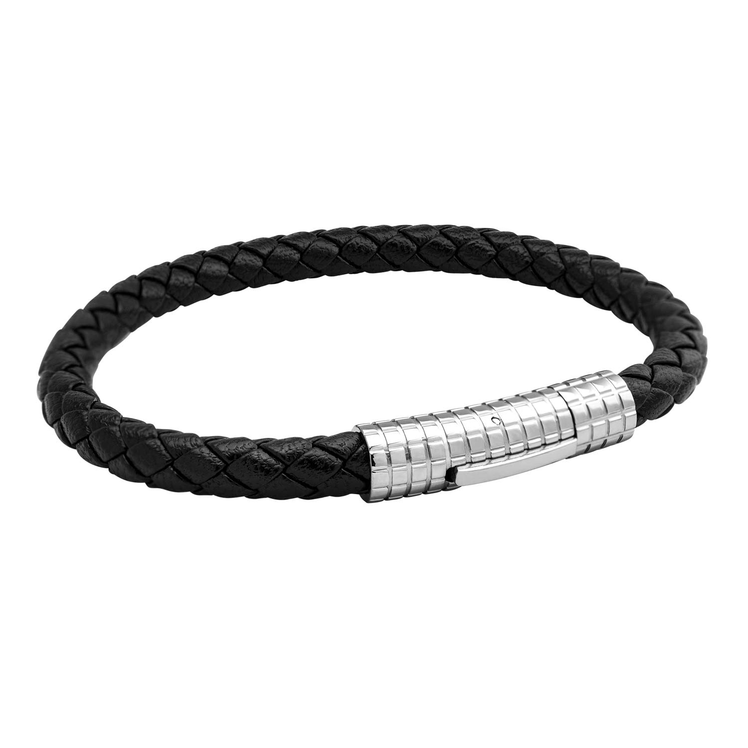 555Jewelry Mens Bracelets Leather and Steel Clasp, Braided Black Leather Bracelets for Men, Mens Leather Bracelet, Men Bracelets, Silver, 7.5 Inch