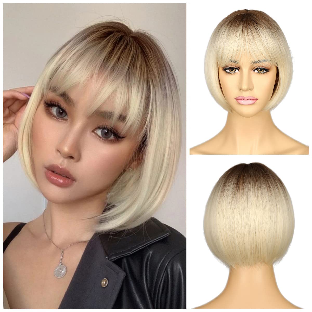 Sapphirewigs Blonde Bob Wigs for Women Ombre Wig with Bangs Dark Roots Short Bob Hair Daily Party Natural Looking 12 inch — image 1