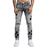 Djeanxa Men's Embroidered Star Jeans Distressed Stretch Slim Fit Stacked Jeans Straight Leg Hip Hop Denim Pants Streetwear