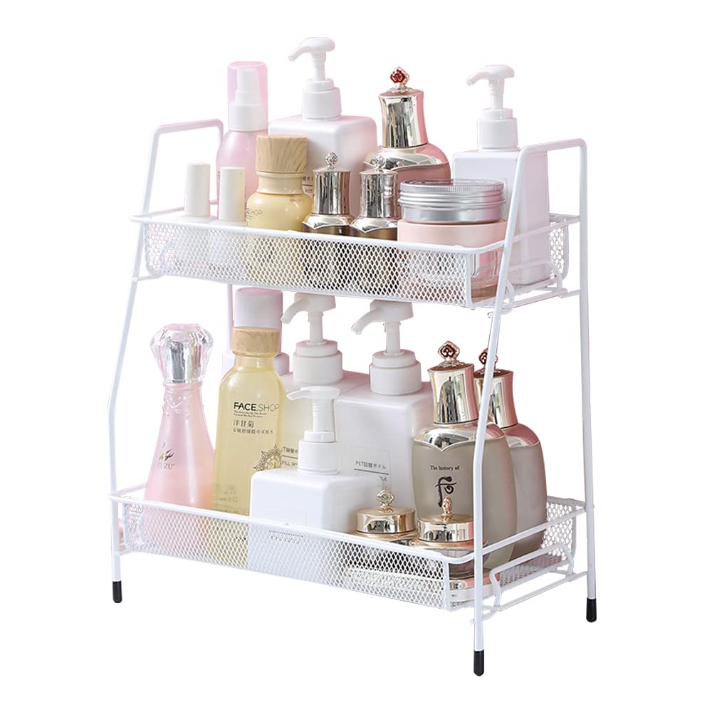 Axroad Mall 2-Tier Kitchen Spice Rack Organizer, Stepped Metal Kitchen Storage Basket Can Removable Storage Organizer Holder for Spice Jar, Can, Bottle, Cosmetic Storage Rack (31 * 14 * 33 cm, White)