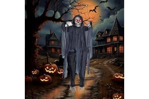 AODINI 4.6 Ft Scary Halloween Decorations Outdoor Hanging Creepy Skull with Sound Sensor and Scary Noises, Spooky Skull Head Light Up Eyes Haunted House Prop Decoration, Giant Indoor and Outdoor Party Decor