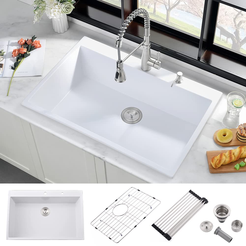 Beslend 33x22 Inch White Composite Drop In Kitchen Sink Granite Composite Kitchen Sink Workstation Topmount Luxury Above Counter Single Bowl Sink Basin - View #13