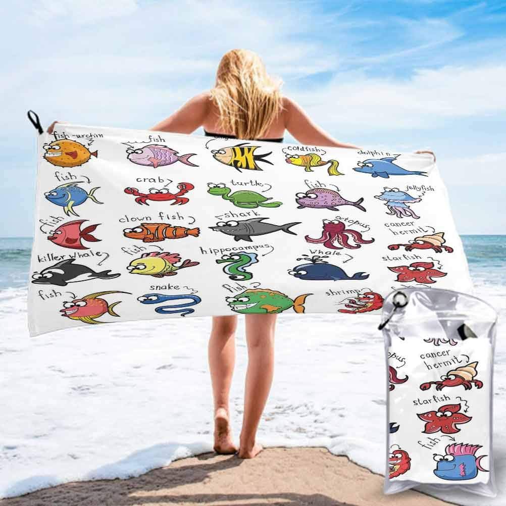 Quick Fast Dry Super Absorbent Lightweight Thin Towel, Aquarium Cartoon Octopus Dolphin Shark Whale Clown Fish Jellyfish Crab Marine, Lightweight Quick Dry Towel for Swimming, 31" x 63", Multi