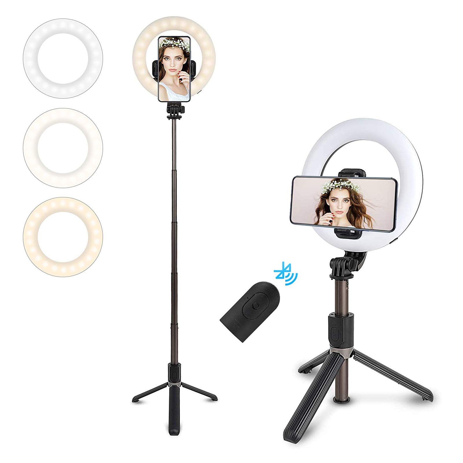 Liraip LED Ring Light with Tripod Stand for Live Streaming & YouTube Video,Selfie Ring Light & 3 Color Modes and 9 Brightness,Dimmable Desk Makeup Ring Light for Wireless Remote