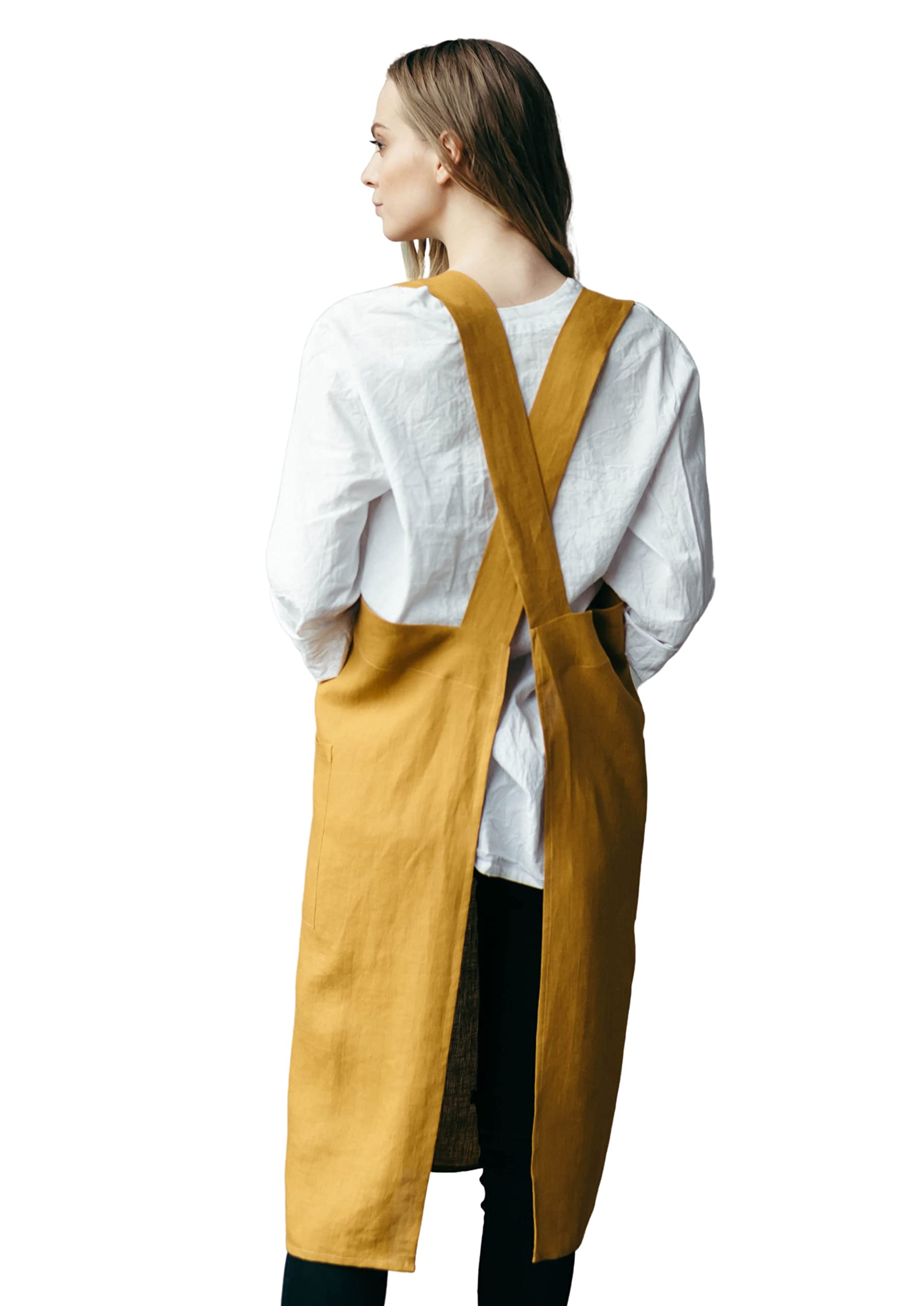 Bunny Street The Prancing Hare 100% Linen Pinafore Apron - No Ties Smock with Pockets for Artists, Chefs, Bakers, Teachers, Florists (Ochre/Yellow)