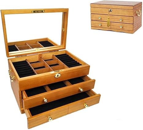 Amazon ジュエリーボックス木製 手作り 3 層 アクセサリーケース ミラー付き ベルベット 粘膜 ジュエリーケース 小物収納でき 指輪 ネックレス イヤリング ピアス ウッドカラー ジュエリー収納 オンライン通販