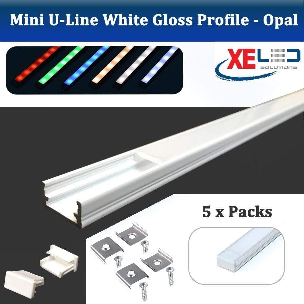 (5 x Packs) 2 Meter WHITE GLOSS Mini U-Line Aluminium LED Profile/Extrusion/Channel with Opal (Milky) Diffuser for Mounting Flexible LED Strip Lighting