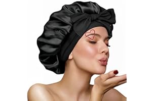VECIIR Silk Bonnet for Sleeping Women, Ajustable Hair Bonnet for Curly Hair with Tie Band Shower Caps Black，Large