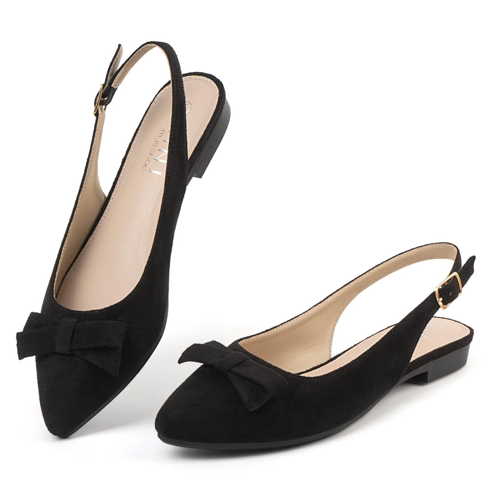 Photo 1 of MUSSHOE Slingback Flats for Women Pointed Toe Comfort Womens Flats with Bow,Black Suede