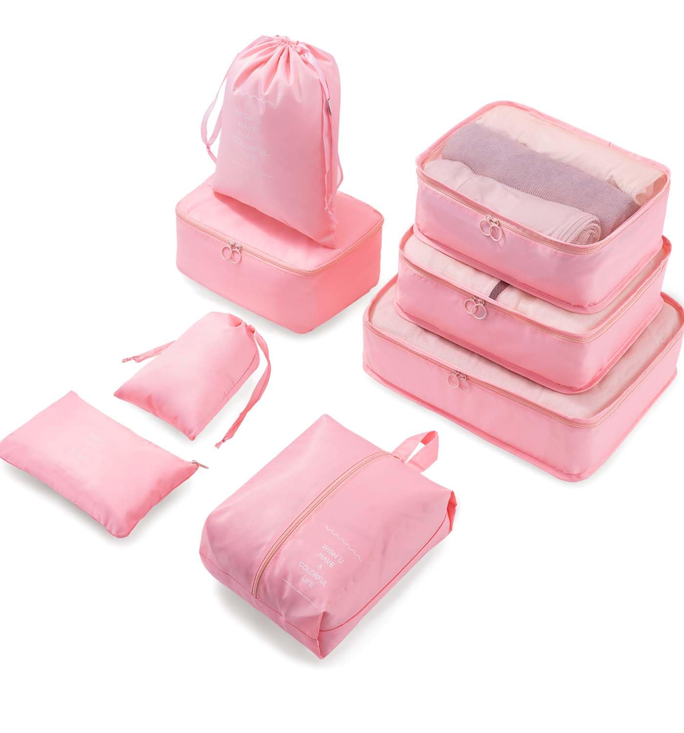 Meowoo Packing Cubes for Suitcases 8Pcs Set, Waterproof Travel Luggage Organizer with Shoes & Toiletries Bags - Lightweight Clothes Storage for Travel Essentials (Pink)