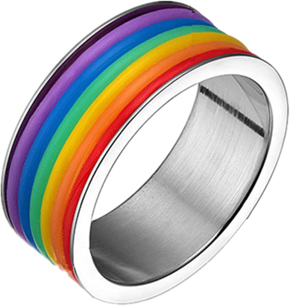 Yufengs Fashion 9 mm Rainbow Rings High Polished Stainless Steel LGBT Pride Silicone Rings for Lesbian & Gay (13)