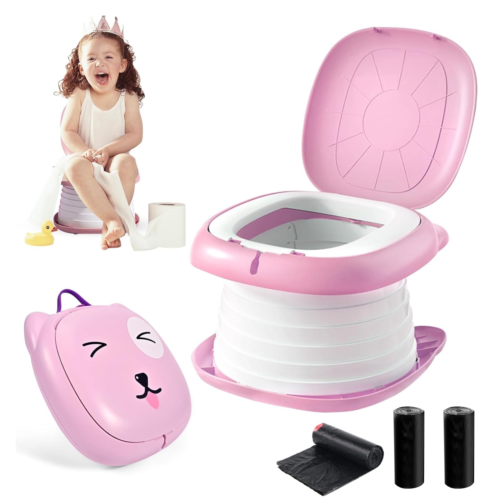 Travel Potty for Toddler Portable Foldable Potty Training Toilet for Boys Girls Baby Kids Children Indoor Outdoor,Pink