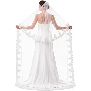 Unittype 2 Tier Cathedral Wedding Veil with Comb Floral Lace Long Soft Tulle Bridal Veil for Bride Wedding Shower