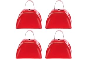 HONGDOUO 4PCS Metal Cow Bells Noisemakers, 3 Inch Loud Cow Bell Noise Makers for Sporting Events Party Favors with Handles, Great for Football Competitions, Sports Games, Celebration Parties (Red)