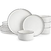 MALACASA Porcelain 12 Pieces Plates and Bowls Set, Dinnerware Set for 4 | High-Fired Porcelain, Chip &amp; Scratch Resistant Ceramic Dishes, Microwave Oven &amp; Dishwasher Safe Dishware, White &amp; Black Rim