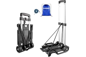 APOXCON Folding Hand Truck, Expandable Light Weight Luggage Cart with 2 Wheels, Free Bungee Cord and Storage Bag, Aluminium Foldable Trolley for Travel, Shopping，Moving, Office