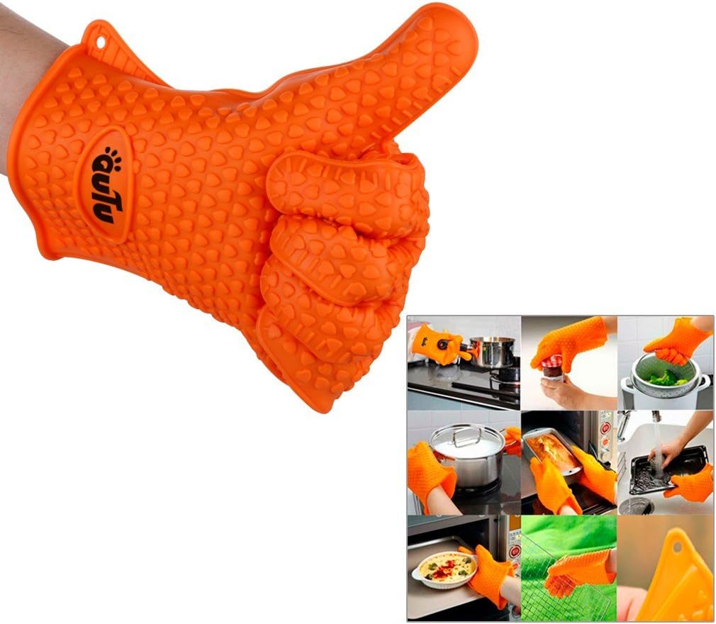 OUTU 1 pair Silicone Five Fingers Ultra flex Kitchen,TWO Barbecue Heat Resistant Silicone Gloves Oven Kitchen Grill BBQ Cooking Mitts